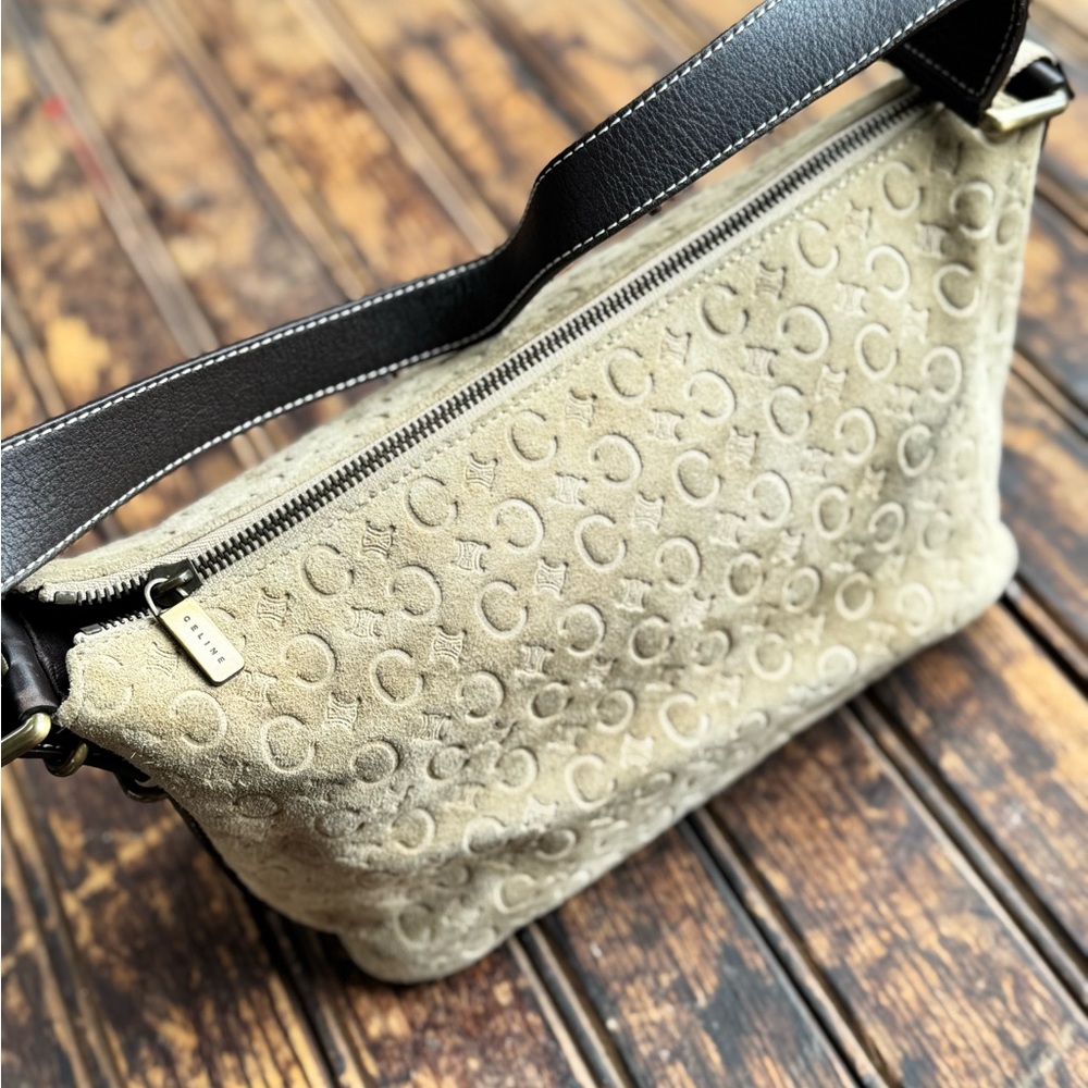 Vintage Céline Celine Macadam Beige Embossed Suede Shoulder Bag